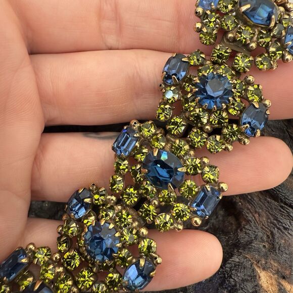 Vintage Kramer of NY Wide Runway Bracelet Green Blue Rhinestone Cluster Gorgeous - Picture 6 of 13